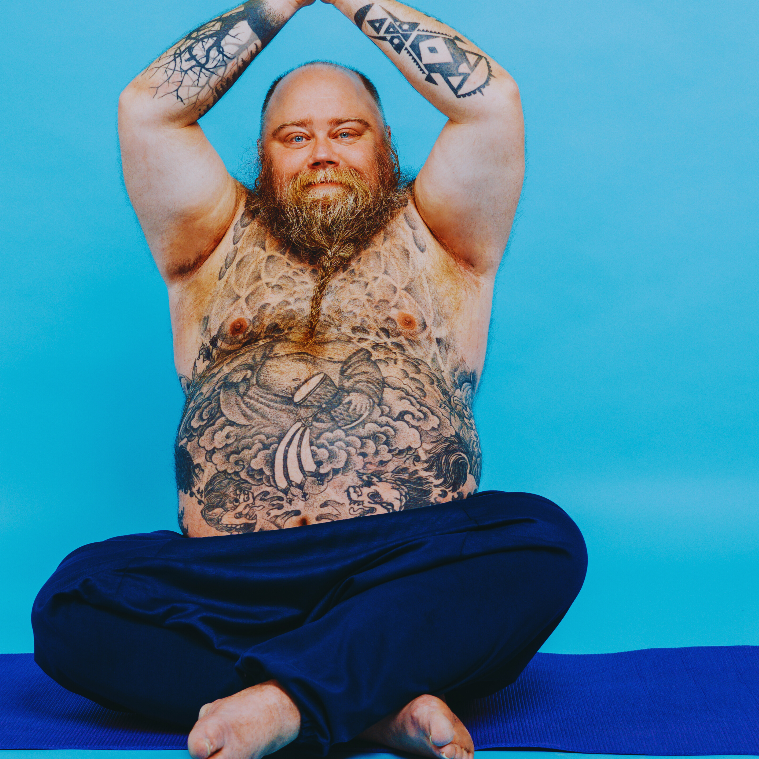 A joyful, plus-size adult man practicing yoga, radiating confidence, mindfulness, and self-acceptance.